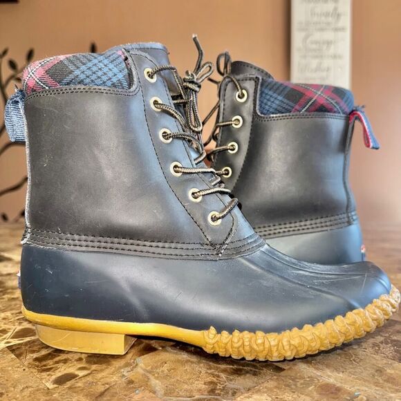 Tommy Hilfiger Women's Lace Up Russel Rain Duck Boots Blue Plaid Size 8 - Picture 1 of 12